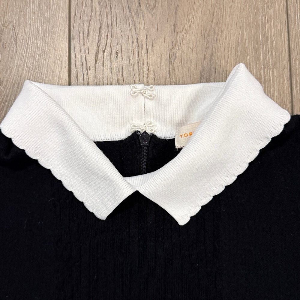 Tory Burch Black Peplum Ribbed Front Sweater w/ White Contrast Collar & Cuffs L - Picture 4 of 9
